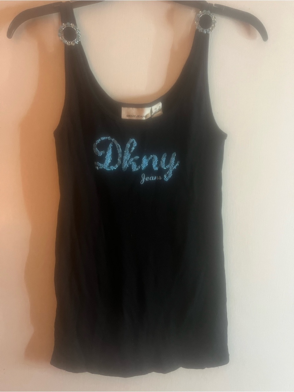 DKNY Black Tank Top with Blue Embellished Logo